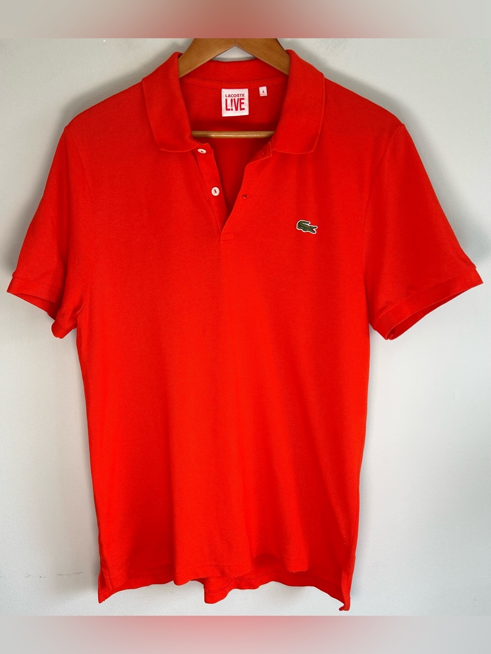 Lacoste L!VE Menโs Polo Shirt Size 6 Vibrant Red Orange Crocodile Romania